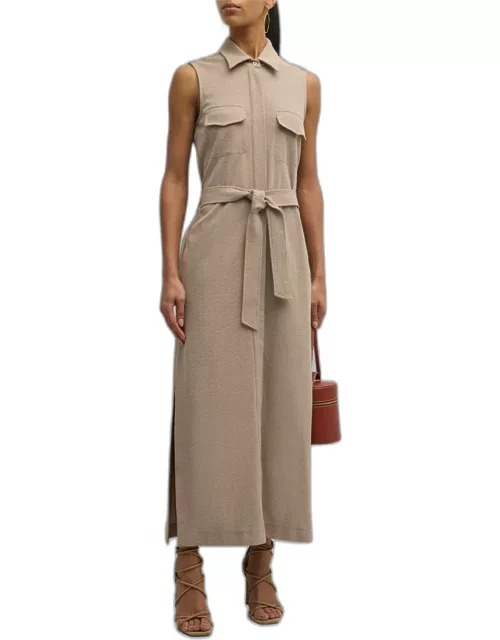 Lampo Sleeveless Belted Pique Knit Maxi Shirtdres