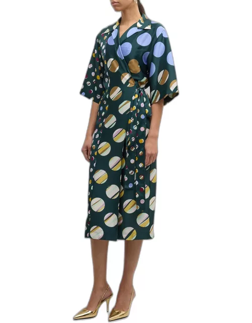 Collage Dot 3/4-Sleeve Midi Wrap Dres