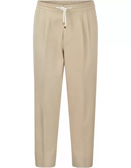 Brunello Cucinelli Leisure Fit Cotton Gabardine Trousers With Drawstring And Double Dart