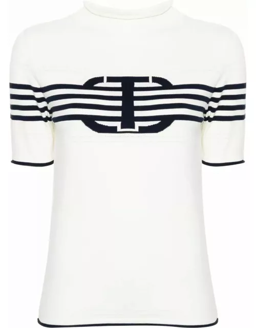 TwinSet Short Sleeves High Neck Striped Sweater With Logo