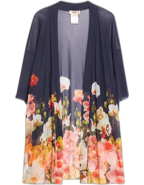 Open-Front Floral-Print Tulle Cardigan