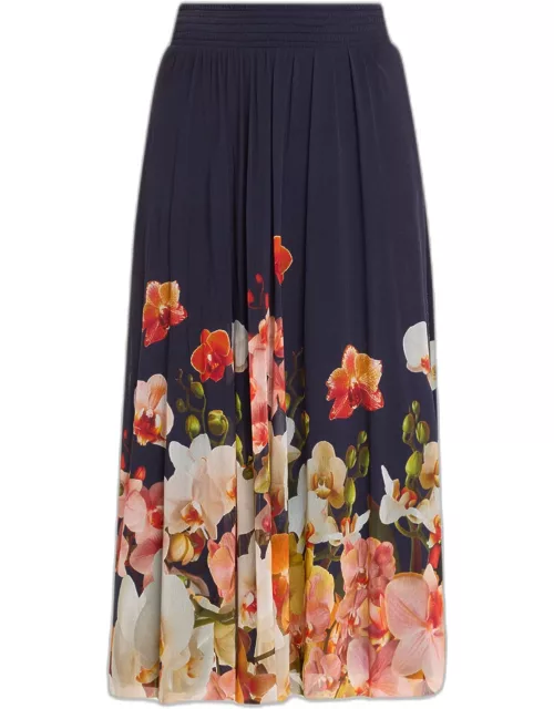 Floral-Print A-Line Tulle Midi Skirt