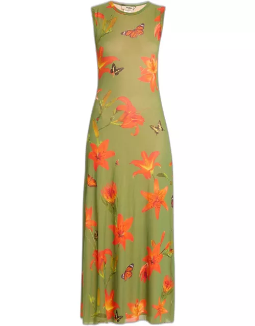 Sleeveless Floral-Print Tulle Maxi Dres