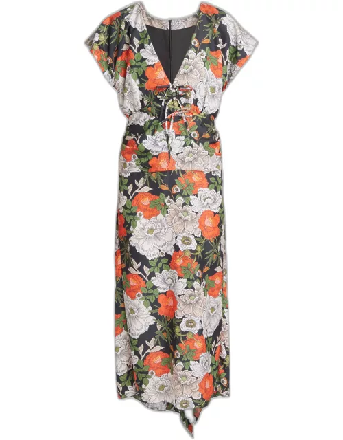 Floral-Print Summer Midi Dress with Back Drape