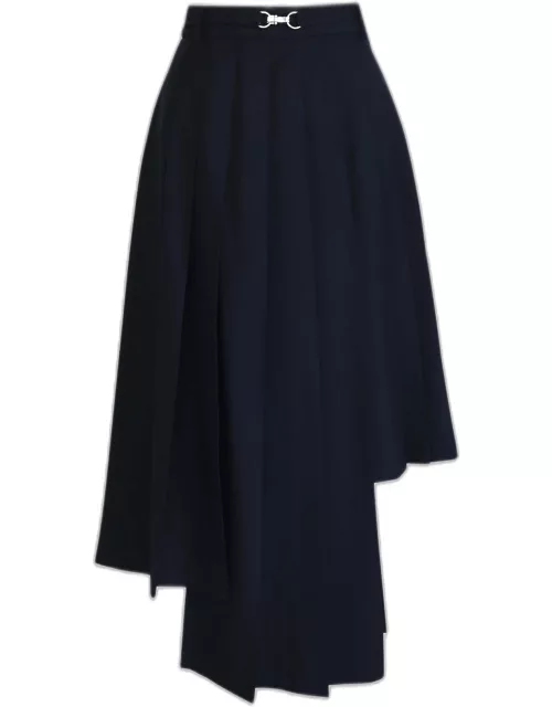 Box Pleat Asymmetric Midi Wool Skirt