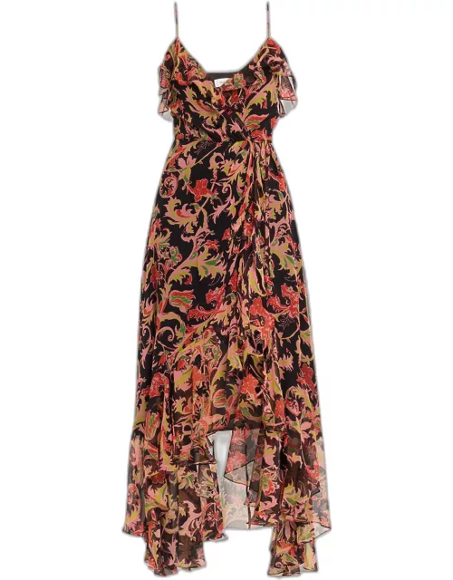 Paisley Ruffled High-Low Wrap Dres