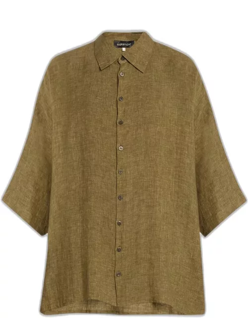 Sloped Shoulder Wide A-Line Linen Shirt With Collar (Long Length)