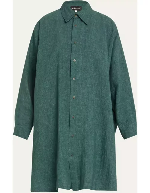 Wide A-Line Linen Shirt With Collar (Very Long) With Slit