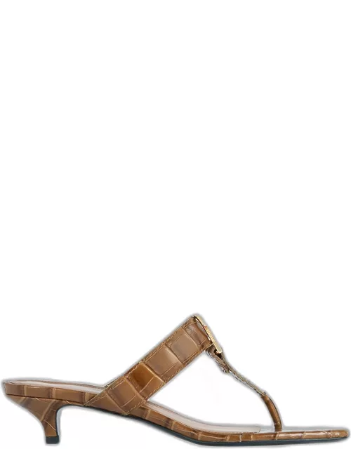 Belted Croco Kitten-Heel Thong Sandal