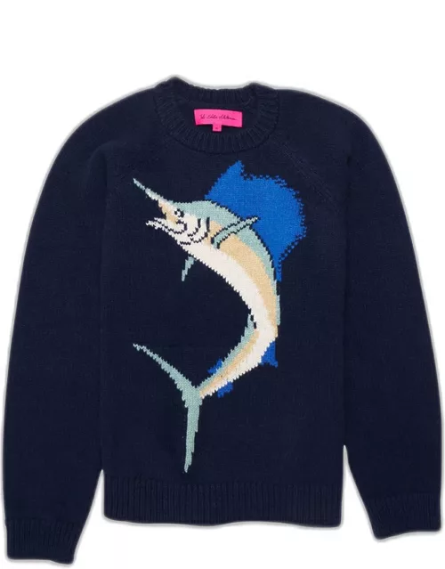 Men's Cashmere Sailfish Intarsia Crewneck Sweater