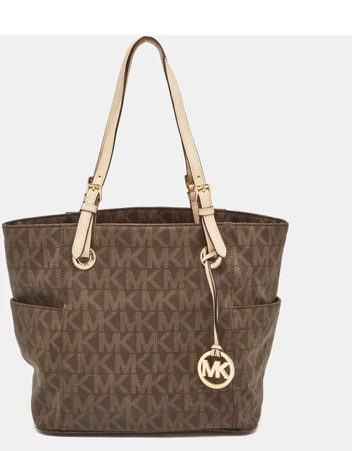 MICHAEL Michael Kors Dark Brown Signature Coated Canvas and Leather Jet Set Tote