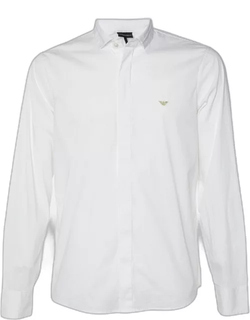 Emporio Armani White Logo Embroidered Cotton Slim Fit Shirt
