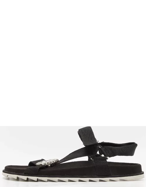 Roger Vivier Black Fabric Crystal Embellished Buckle Trekky Viv' Flat Sandal