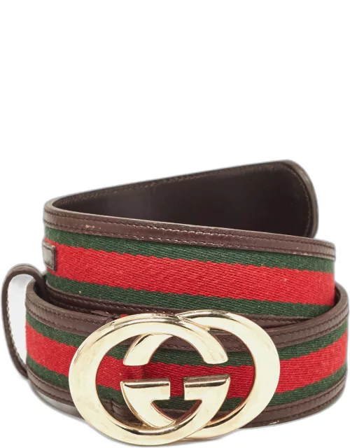 Gucci Choco Brown Leather and Fabric Web Interlocking G Buckle Belt 90C