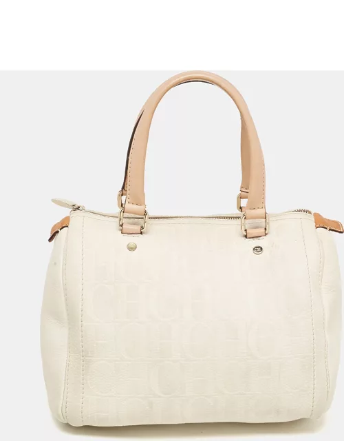 CH Carolina Herrera Off White/Beige Monogram Embossed Leather Andy Boston Bag