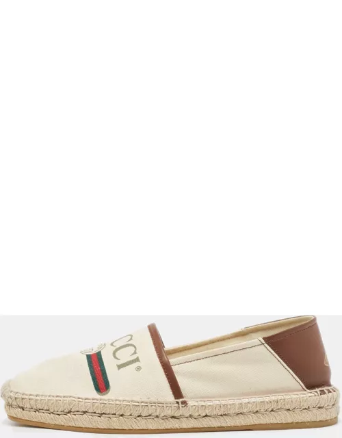 Gucci White/Brown Leather and Canvas Espadrille Flat