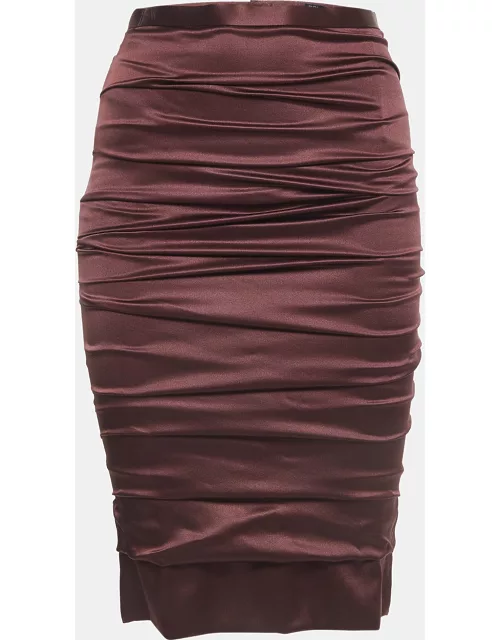 Dolce & Gabbana Burgundy Satin Silk Ruched Midi Skirt