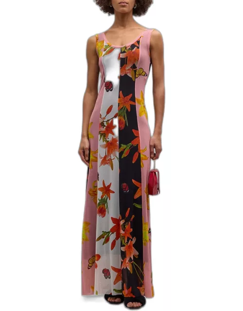 Colorblock Floral-Print Tulle Maxi Dres