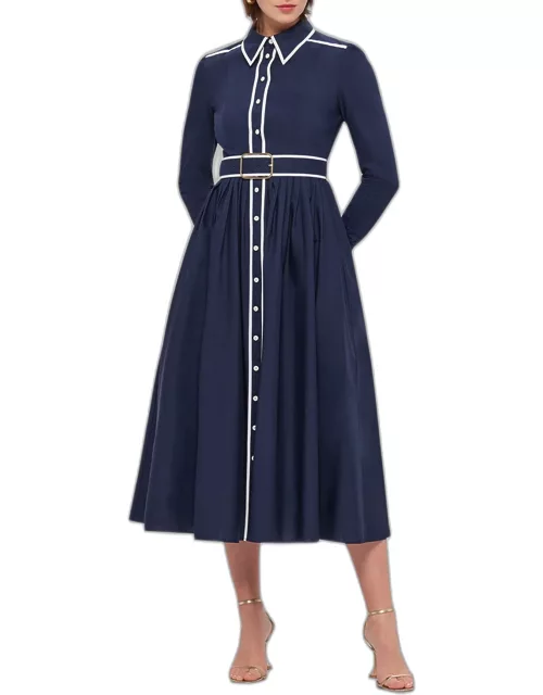 Veronica Belted Two-Tone Cotton Midi Shirt Dres