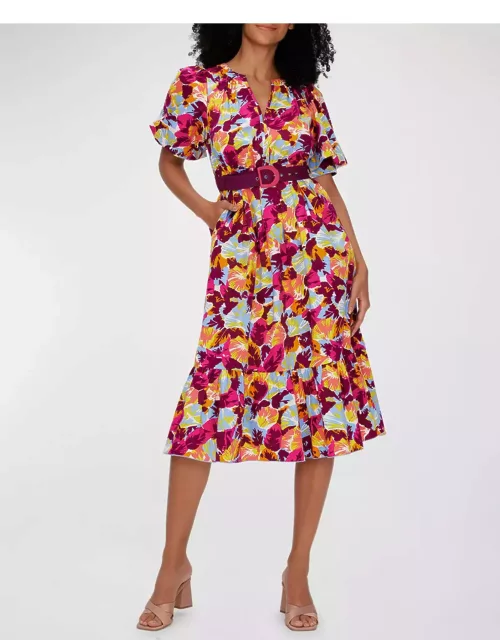 Polina Belted Abstract-Print Midi Dres