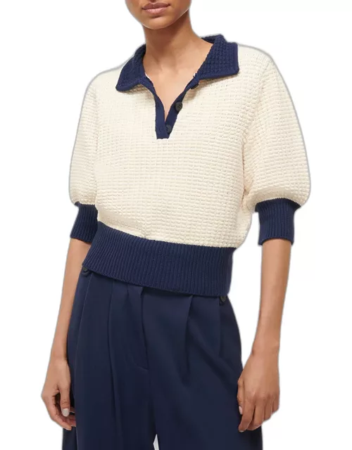 Altea Two-Tone Waffle-Knit Short-Sleeve Polo Sweater