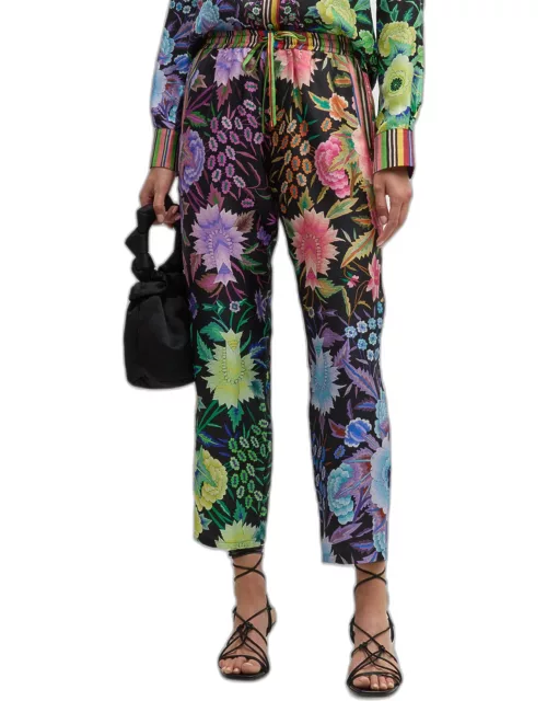 Cropped High-Rise Floral-Print Silk Pant