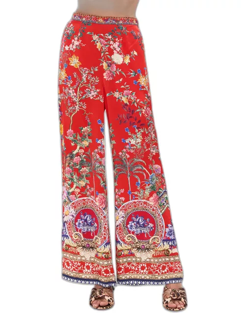 Minimal Floral Silk Wide-Leg Pant