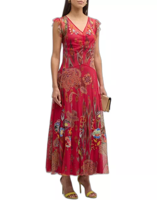 Floral-Embroidered Ruffle-Trim Mesh Maxi Dres