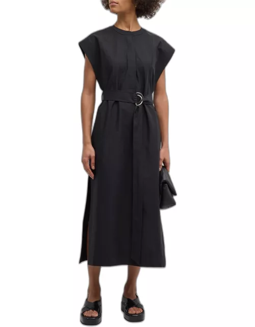 Belted Cap-Sleeve Cotton Twill Midi Dres