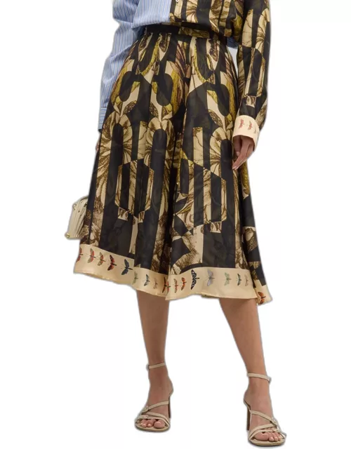 Floral-Print A-Line Silk Midi Skirt