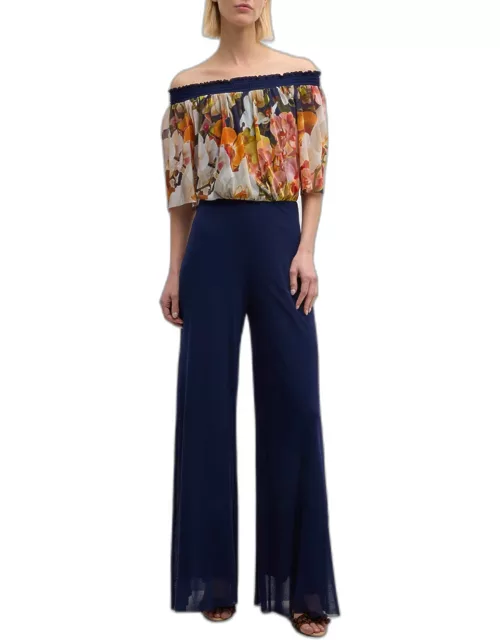 Off-Shoulder Floral-Print Tulle Jumpsuit