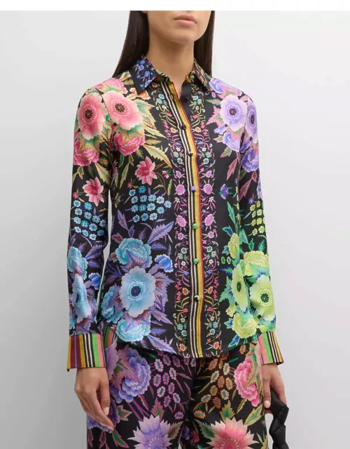 Floral-Print Button-Down Silk Shirt