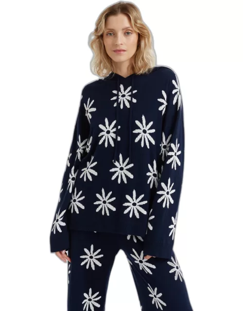 Navy Cotton-Cashmere Ditsy Daisy Hoodie