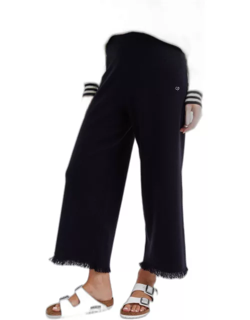 Navy Wool-Cashmere Fringe Wide-Leg Pant
