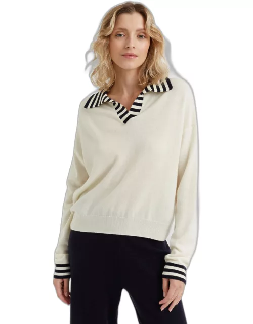 Cream Wool-Cashmere Striped Collar Sweater