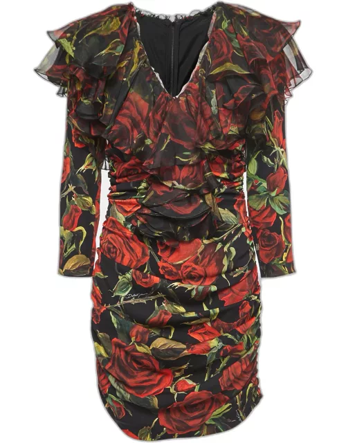 Dolce & Gabbana Black/Red Rose Printed Stretch Silk Ruched Mini Dress