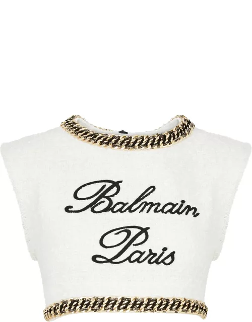Balmain Logo-embroidered Cropped Tweed top - White - 38 (UK10 / S)