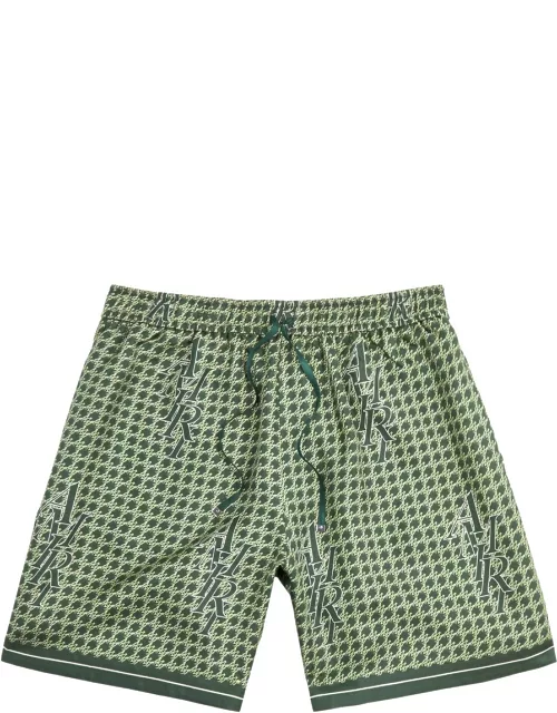 Amiri Houndstooth Logo-print Silk-satin Shorts - Green