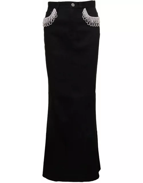 Rotate by Birger Christensen Black Maxi Skirt With Jewel Details Along The Pockets In Cotton Denim Woman