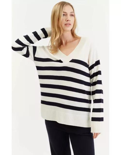 Cream Wool-Cashmere Striped V-Neck Sweater