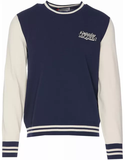 Alexander McQueen Blue And White Pullover With Embroidered Logo