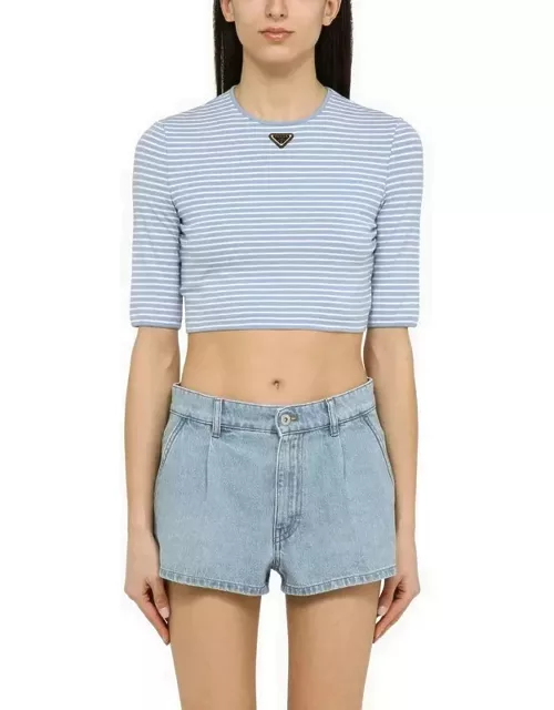 Light blue/white striped cropped cotton T-shirt with logo