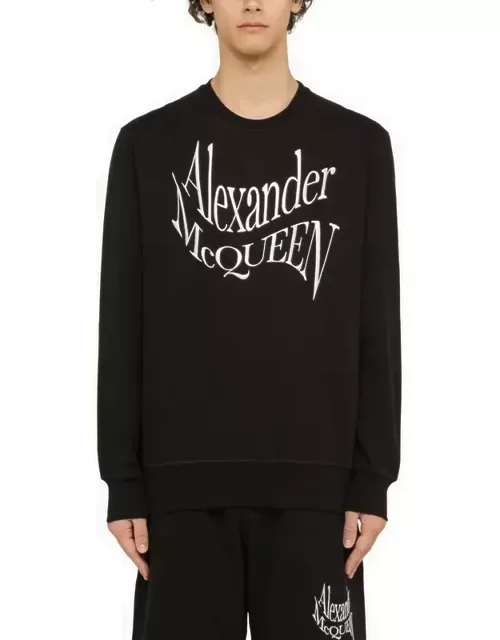 Black crewneck sweatshirt with distorted logo