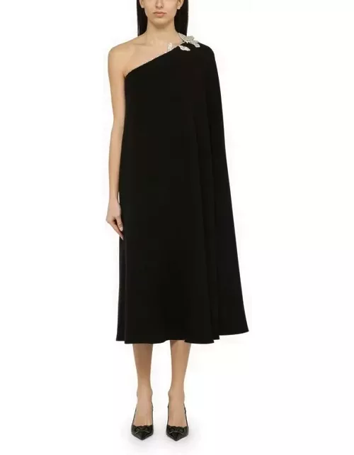 Black silk one-shoulder dress with embroidery