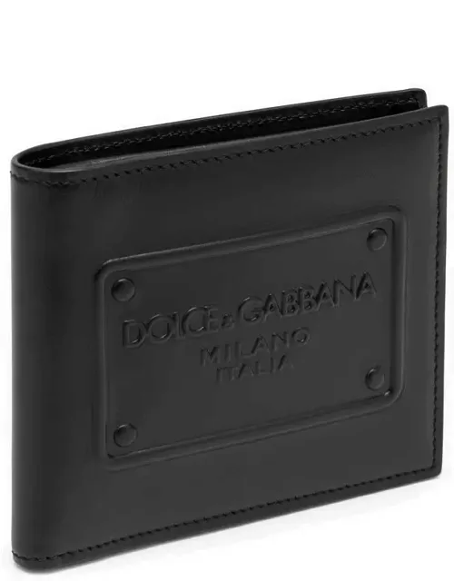 Black leather bi-fold wallet with logo