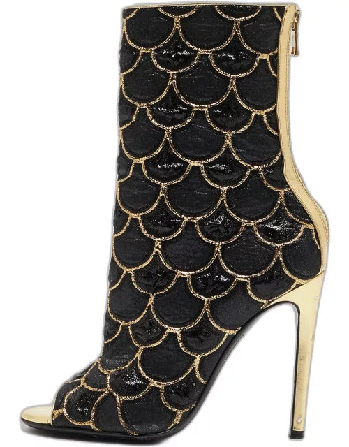 Balmain Black/Gold Canvas and Leather Peep Toe Ankle Boot