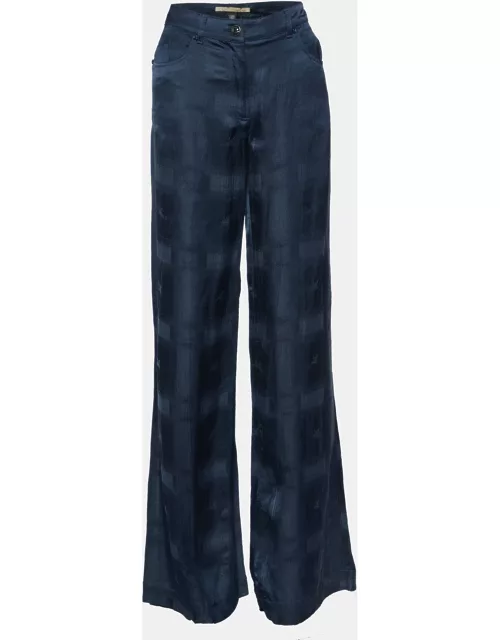 Class by Roberto Cavalli Navy Blue Textured Linen Blend Flared Trousers