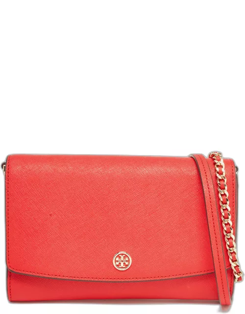 Tory Burch Red Saffiano Leather Robinson Wallet on Chain