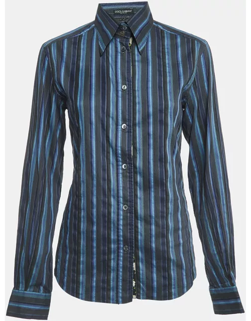 Dolce & Gabbana Blue Striped Cotton Full Sleeve Shirt