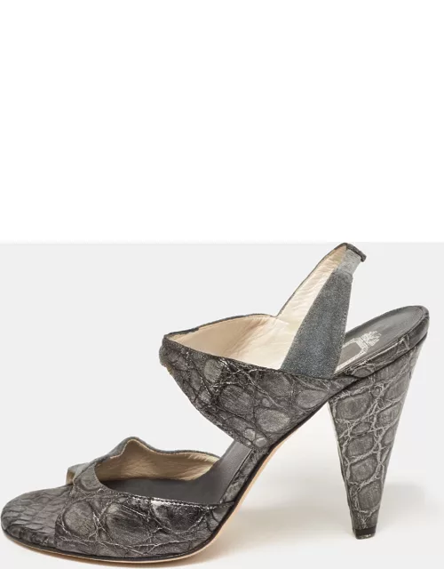 Dior Grey/Silver Croc Embossed and Suede Slingback Sandal